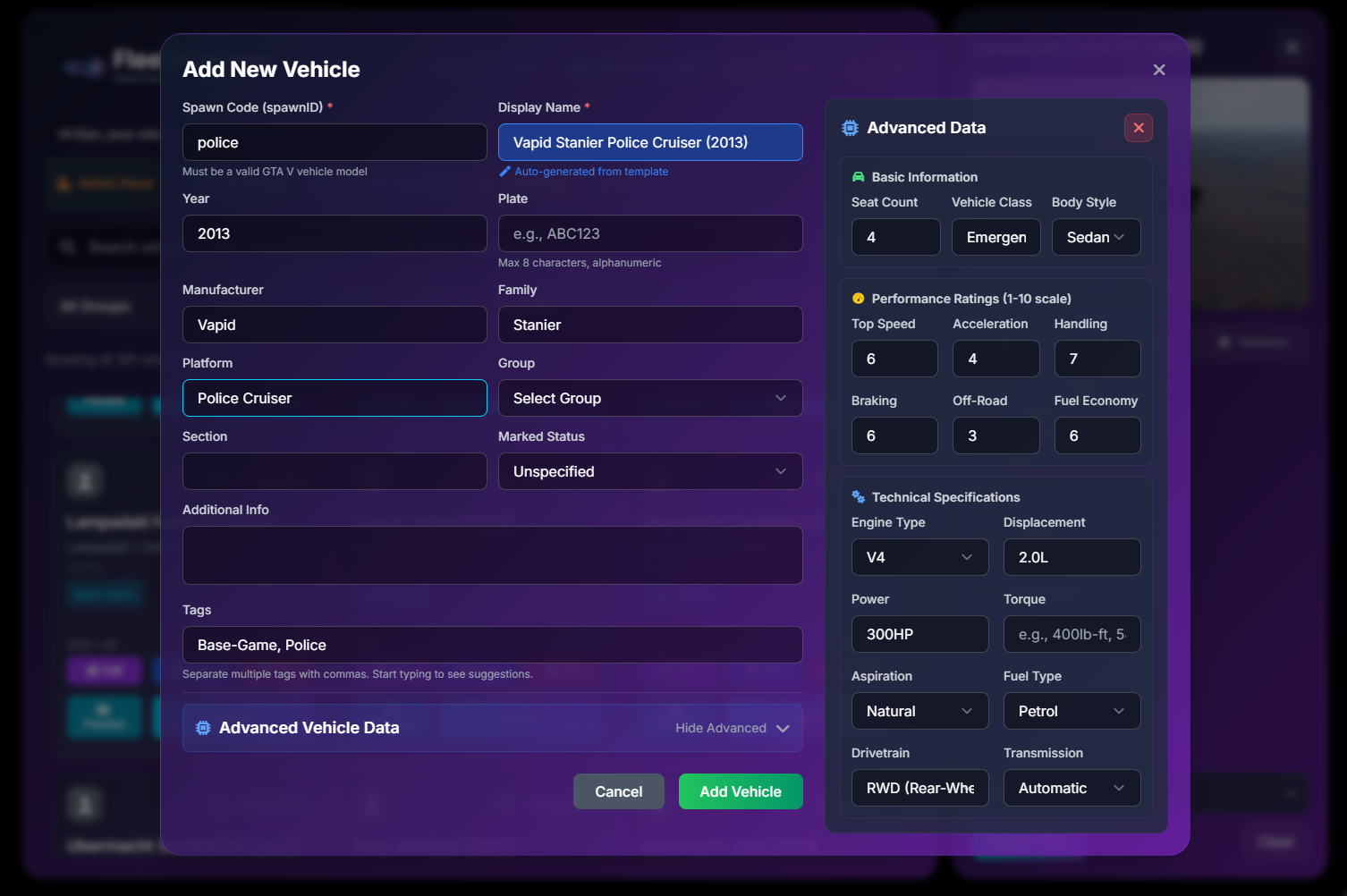 Add Vehicle Interface
