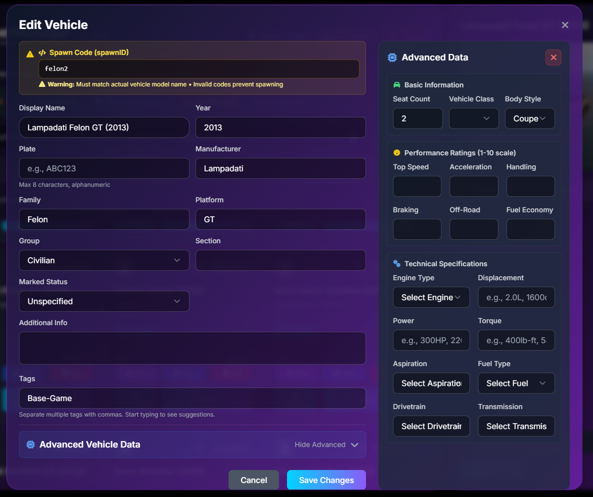 Edit Vehicle Interface