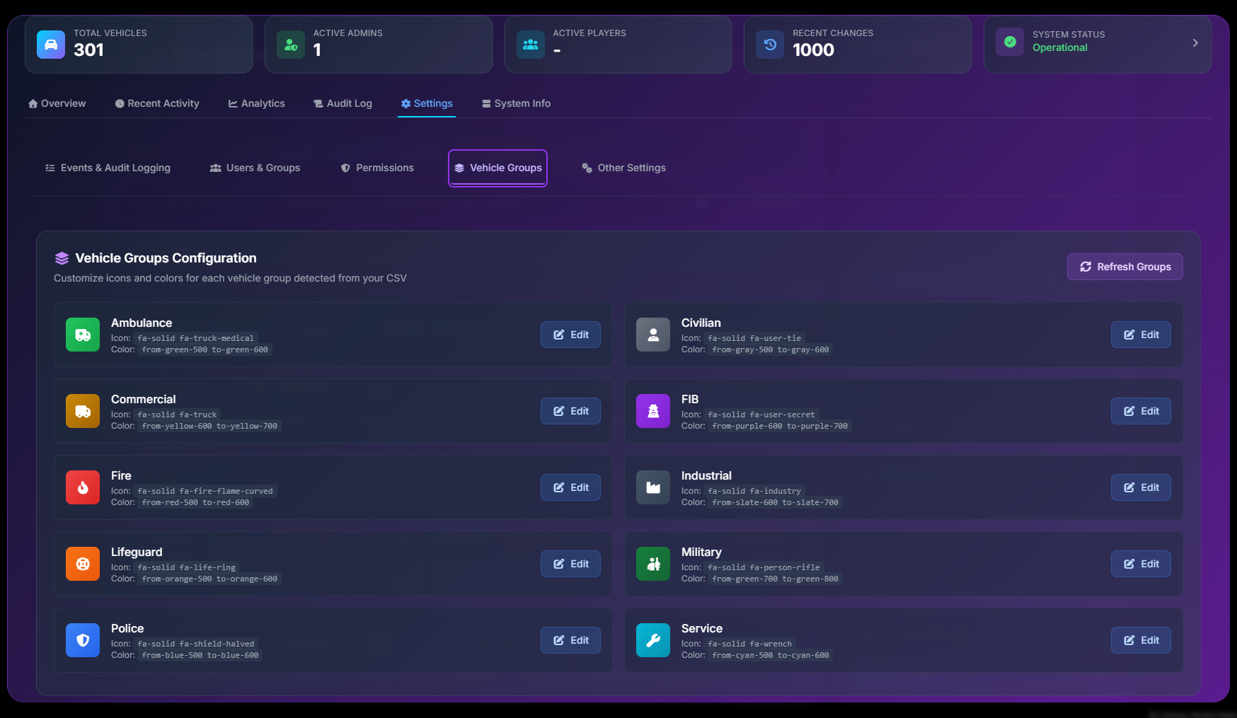 Vehicle Groups Settings