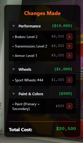 Changes made and billing menu