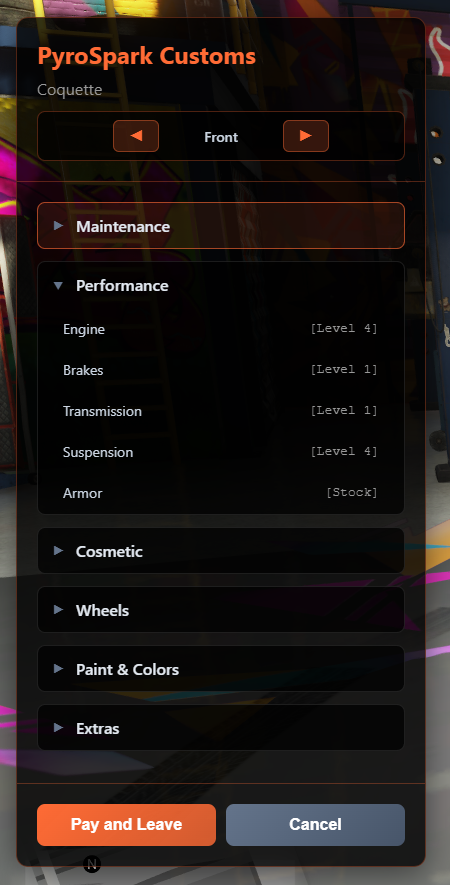 PyrosparkCustoms Main Menu